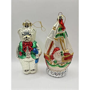 Vintage Mercury Glass Saiboat Teddy Bear Ornament Bundle